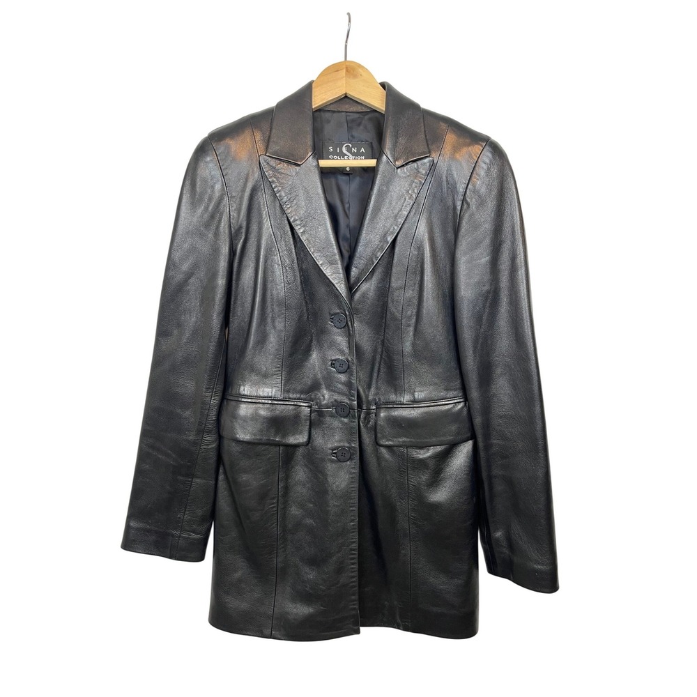 Siena Collection‎ Black Leather Blazer Jacket 6 Longline 90s Vintage Matrix